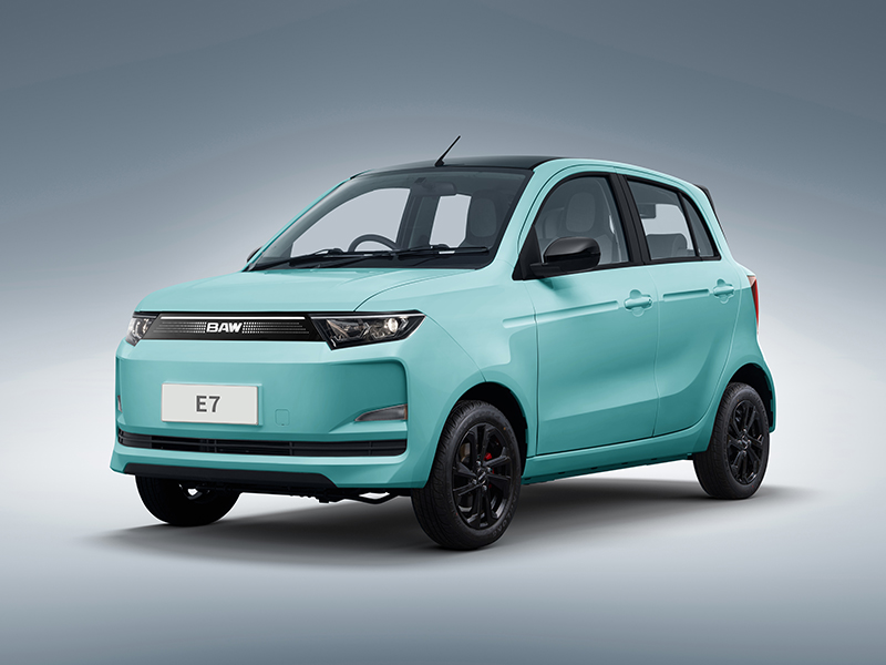 BAW E7 Pro electric city car in Cyan